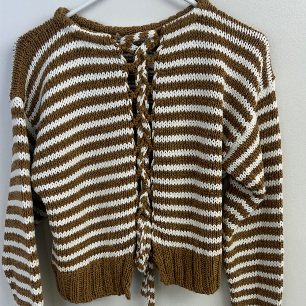 Chloe striped fun back cotton blend cropped sweater L